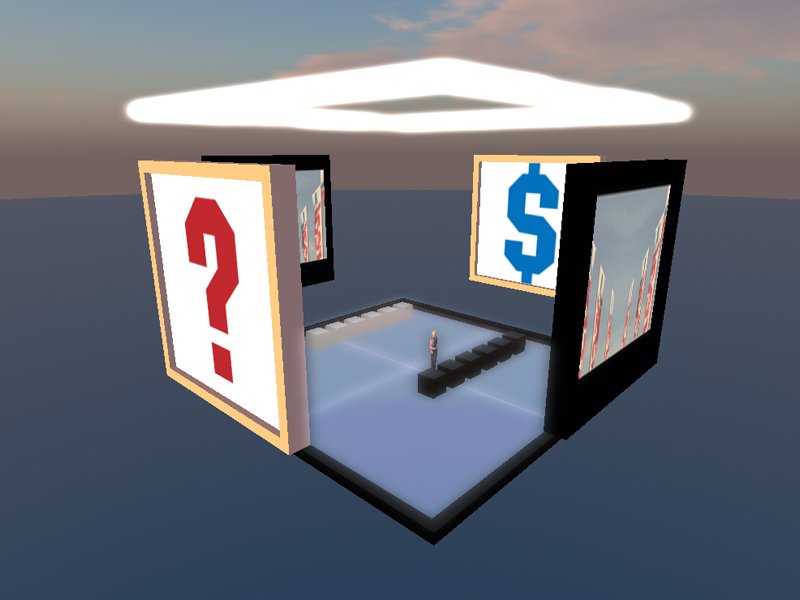 A Second Life gallery floating in the sky with a blue dollar panel and a red question-mark panel