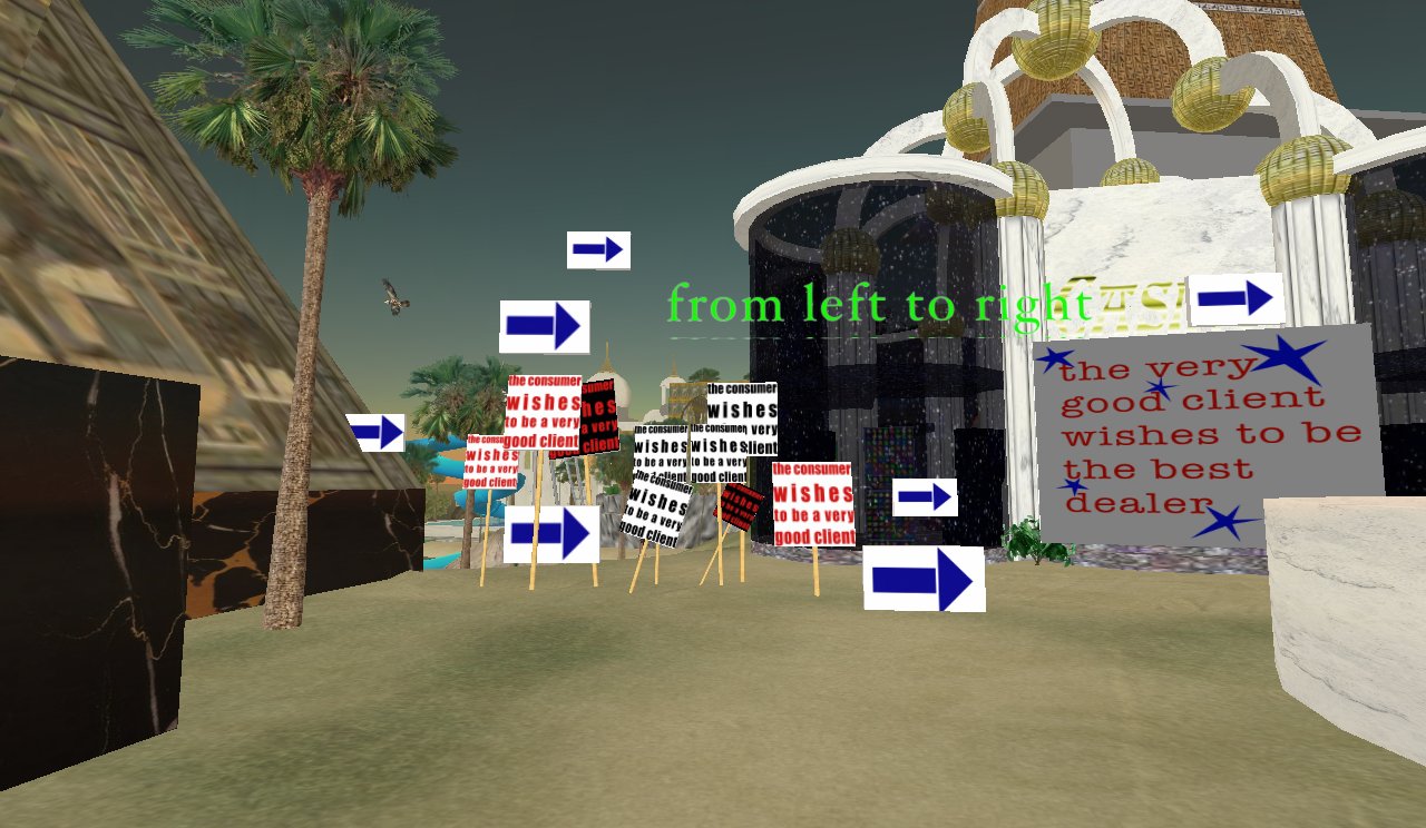 The demonstration seen among palms and a Second Life pavilion