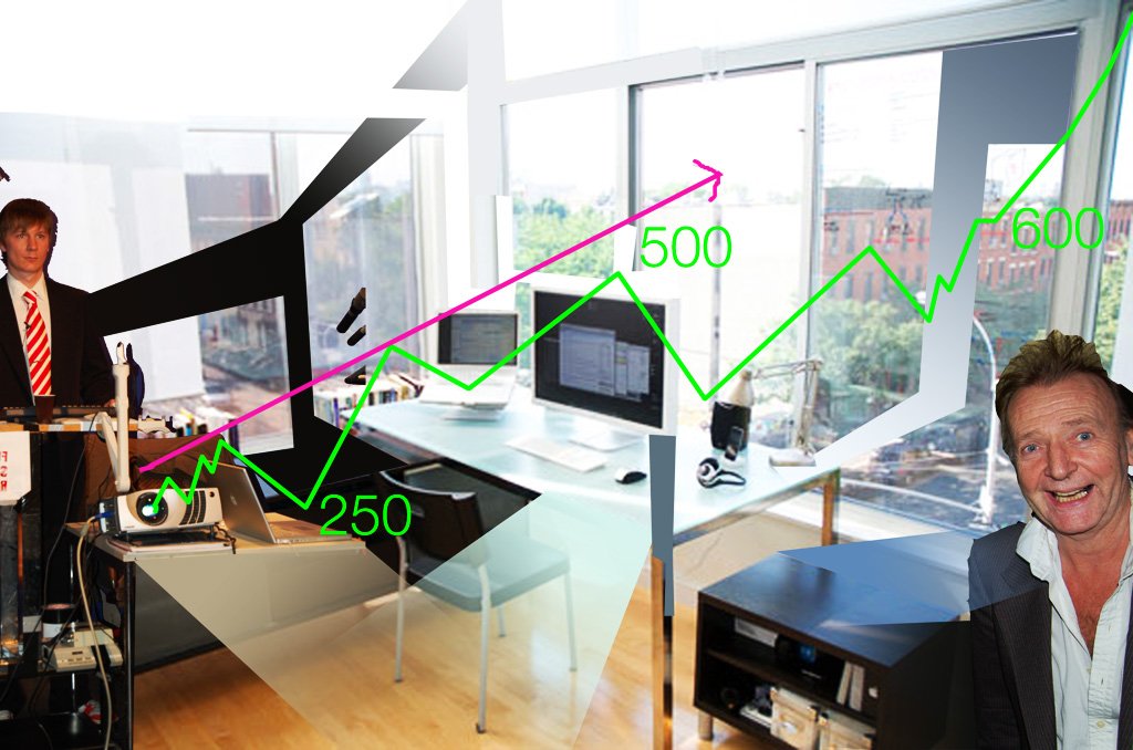 A business presentation with rising green profit arrows