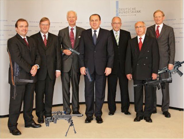 A group portrait of bankers holding machine guns