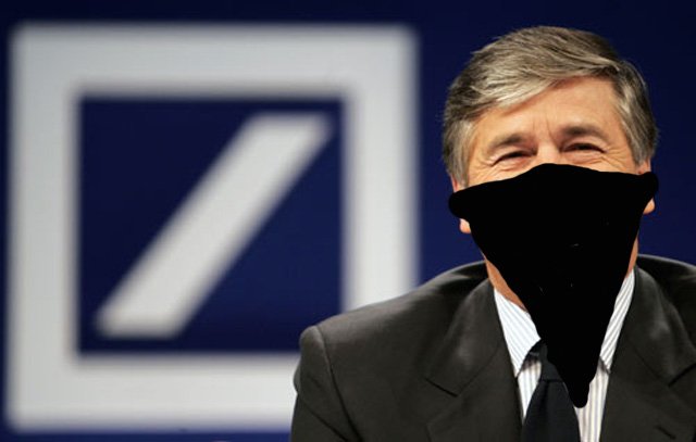 A bank logo beside a masked banker — the crook