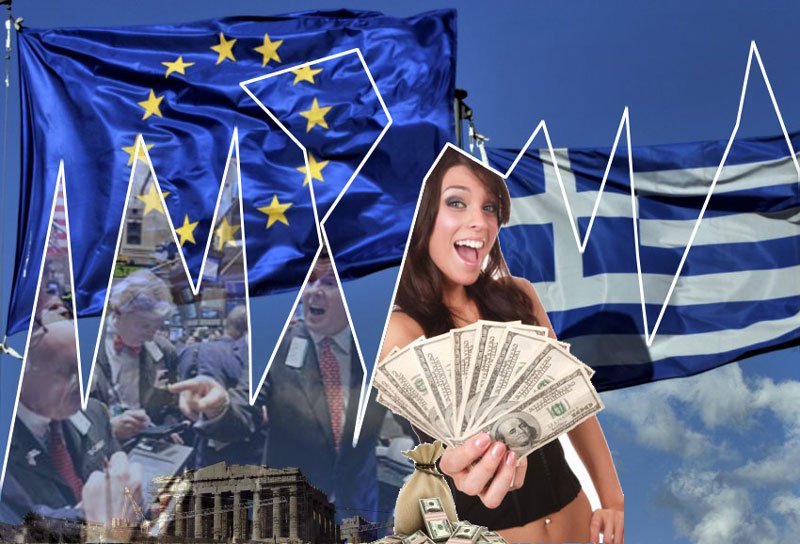 Greece — EU and Greek flags, a fan of dollars