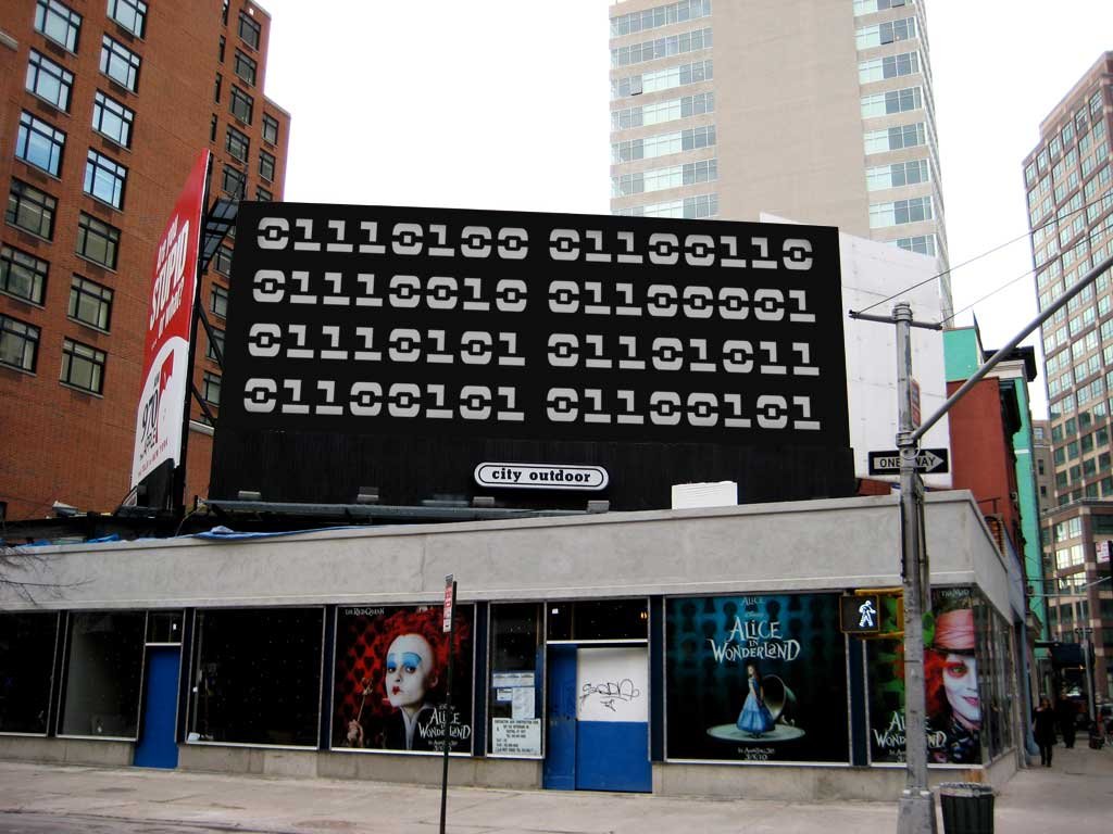 A large SoHo billboard filled with binary code